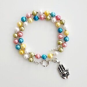 PASTEL PEARL NECKLACE W/ 925 SILVER HAND & EYE PENDANT